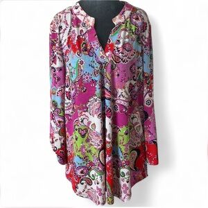 Scarlett Multicolor Paisley Split-Neck Tunic - Pink, Green, Blue